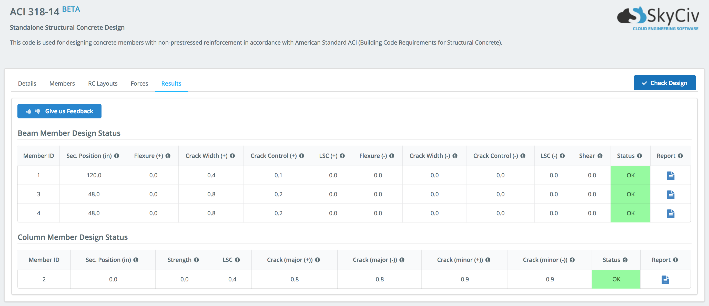ACI-318 betonontwerpsoftware die resultaten toont