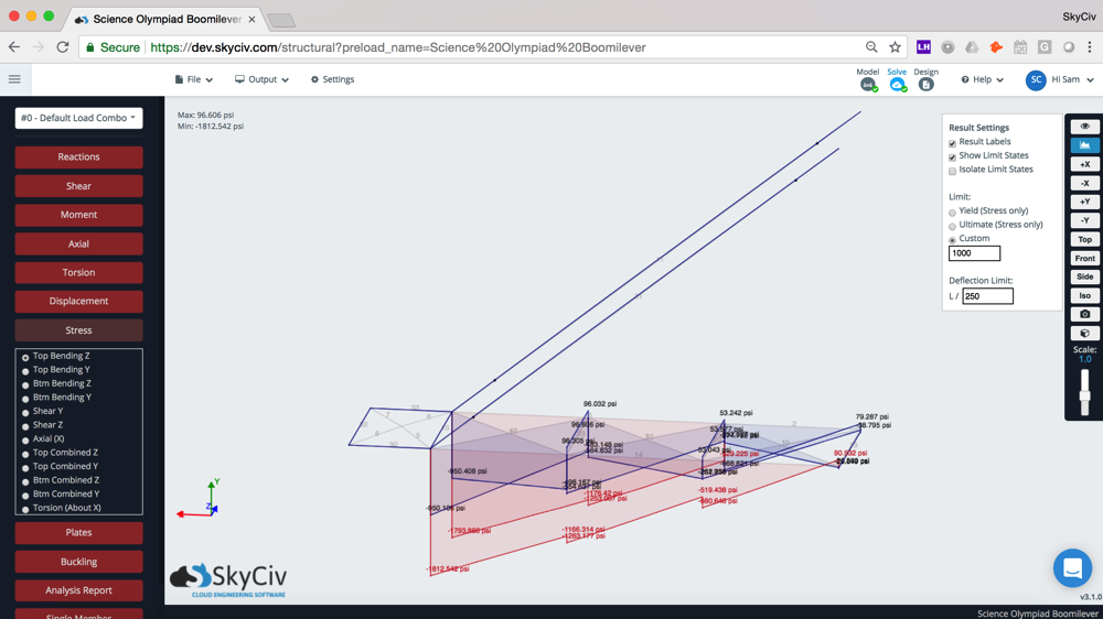 Using SkyCiv to analyse a the boomilever competition with Science Olympiad