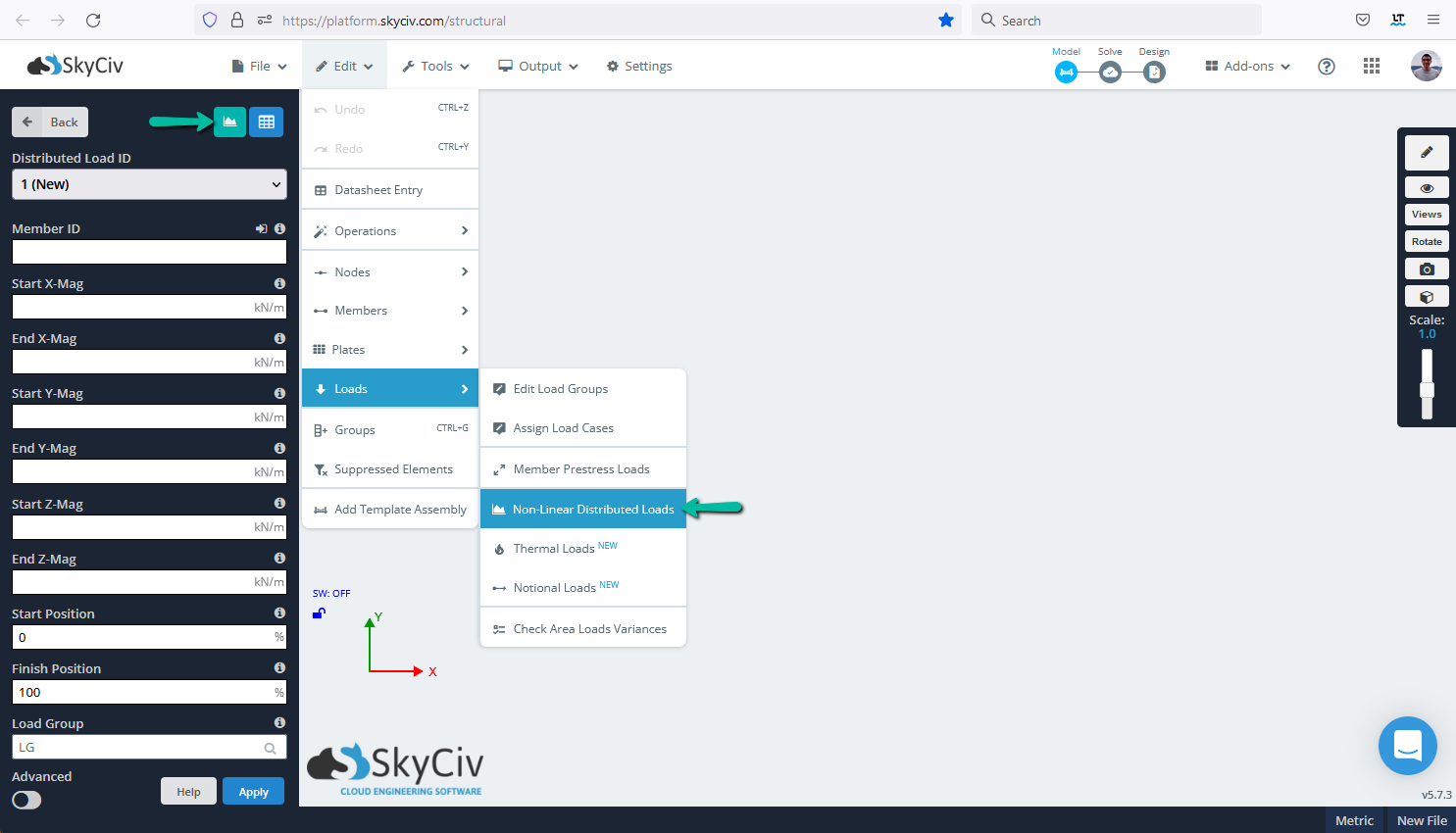 SkyCiv S3D showing how to apply non-linear or equation defined distributed load
