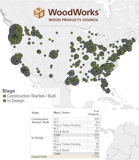 CLT规模木材项目的描述及其之间的构建/设计区域 Depiction of Mass Timber projects and their locale built/designed between 2013 and March 2021