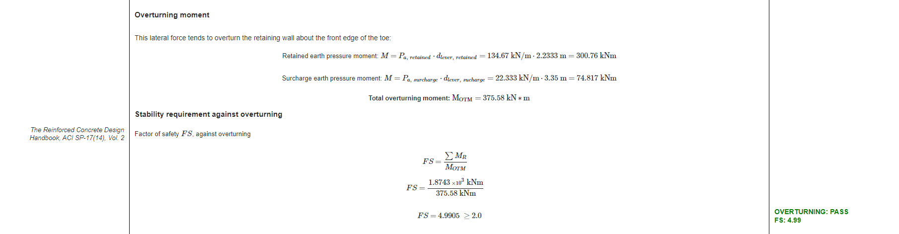 Screenshot of the detailed report for stability checks calculations of a concrete retaining wall