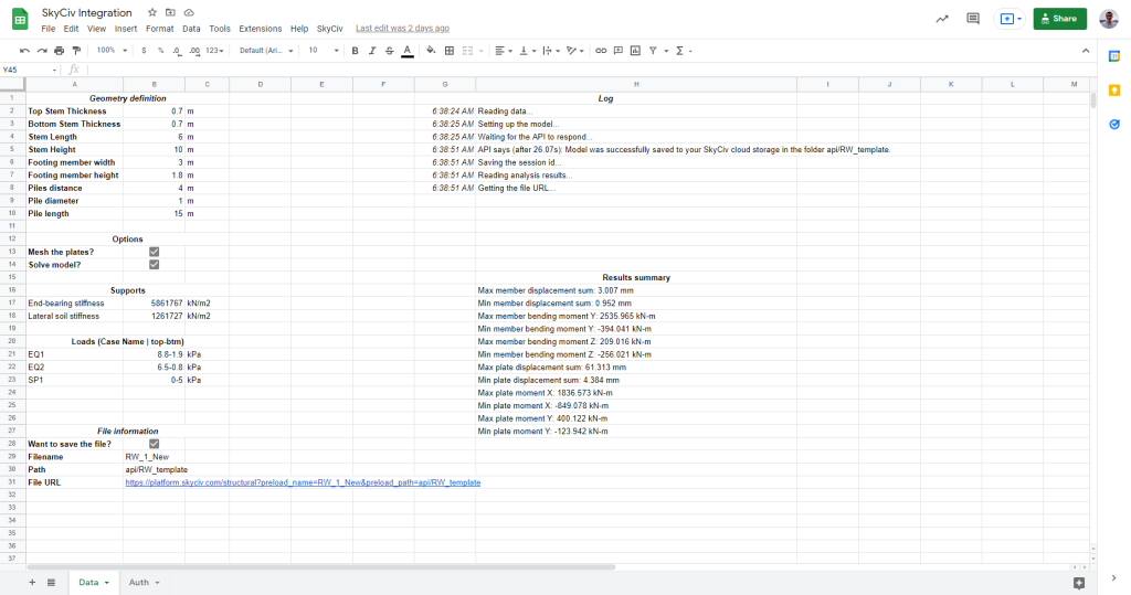 结果视图 – 使用 Apps 脚本的 Google Sheets SkyCiv 集成