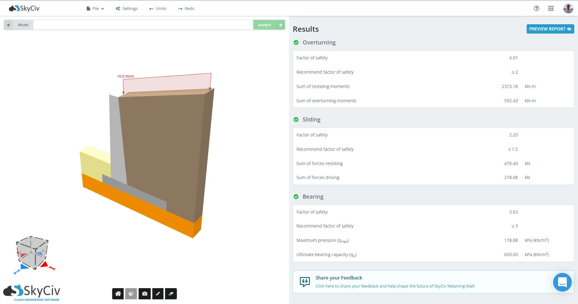 Skyciv Concrete Retaining Wall Design Example Showing Stability Checks Results