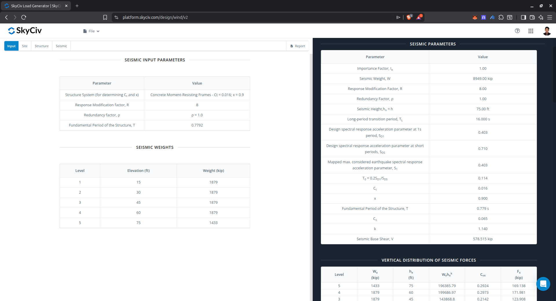 Seismic input and results from SkyCiv Load Generator
