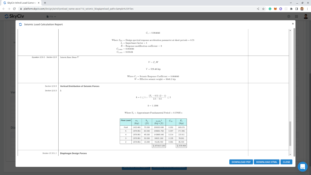 Detailed seismic load report