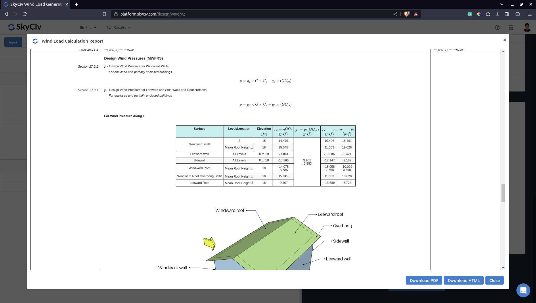 Detailed Load Report from SkyCiv Load Generator Integrated Wind Load Calculator