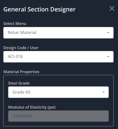 19 Rebar Material Menu