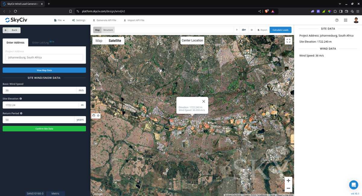 Generador de carga SkyCiv - SANS 10160-3