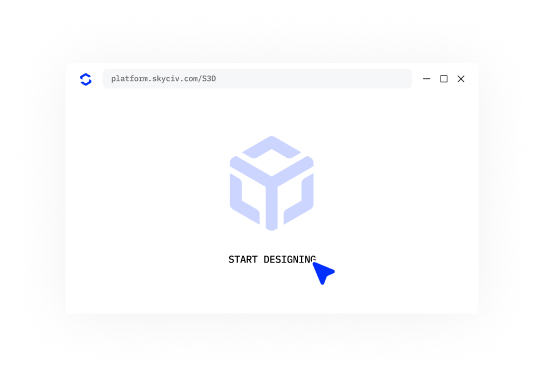 Browser window showing a pale blue cube logo with the caption 'START DESIGNING' and a blue cursor pointing at the text, suggesting to begin designing.