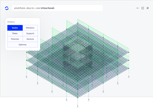 Frame 651887 3D structural model with a lattice of nodes and members, green outlines, and a left sidebar showing model options (Nodes, Members, Plates, Supports, Materials, Sections) and an Optimise button