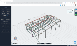More-Benefits-from-SkyCiv-2-min 3D steel-frame building model with red and teal trusses in a structural design tool; left navigation panel visible (SkyCiv)