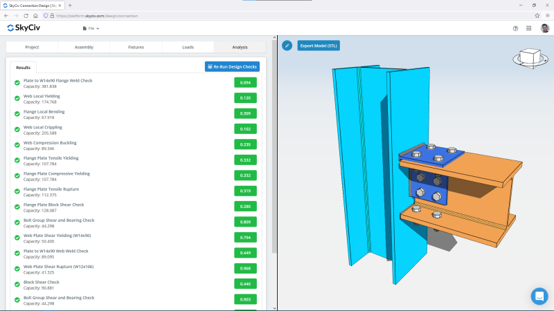 Screenshot of SkyCiv Connection Design: 3D model of a blue steel plate connection with an orange gusset and bolts; results/checks list shown on the left.