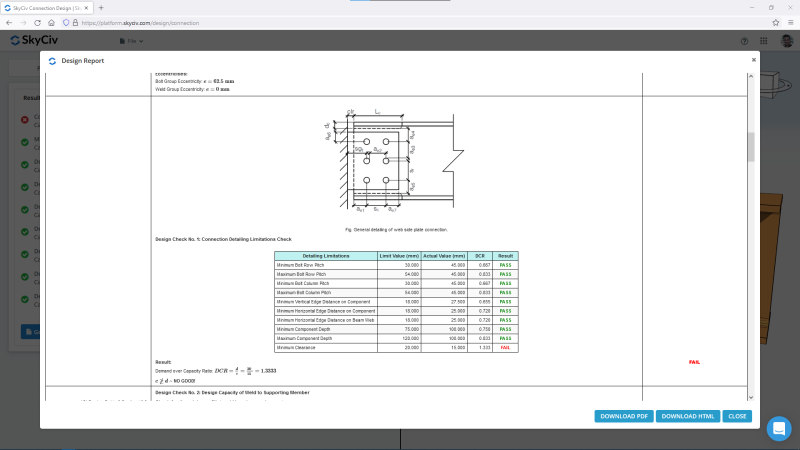 Screenshot of a SkyCiv design report: a schematic connection drawing with a table of design checks showing PASS/FAIL.
