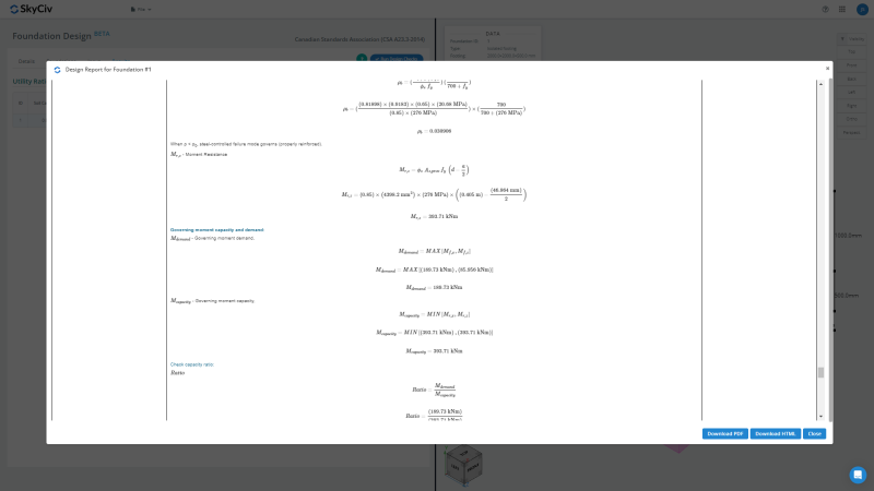 3-800×450.png Modal window displaying a design report document titled 'Design Report for Foundation 1' with mathematical equations and section headings; bottom-right shows Download PDF/HTML buttons in a SkyCiv workspace.