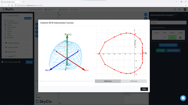 4-1-800×450.png Modal titled 'Column M-N Interaction Curves' showing a 3D globe with colored axes on the left and a red polygonal M-N interaction curve on a grid on the right; includes 'M-M Curve' and 'N-M Curve' toggle buttons and a Close button.