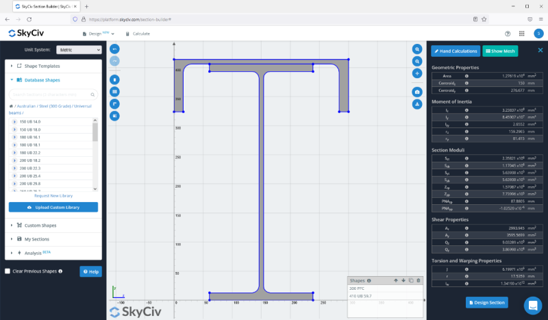 5_builtup-1200×700-1-800×467.png Screenshot of SkyCiv Section Builder showing a blue I-beam cross-section on a grid, with left controls and right property panels visible.