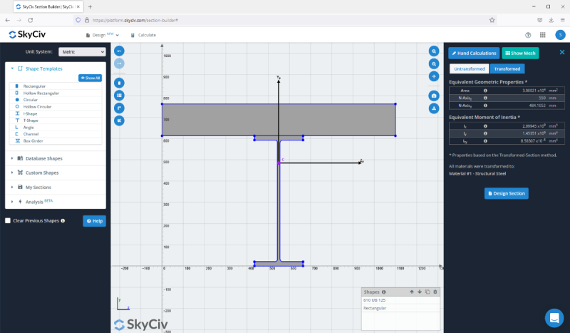 6_comp_1200x700-800×467.png SkyCiv section builder UI with a blue-outlined I-beam on a grid; left shape templates, right properties panel.