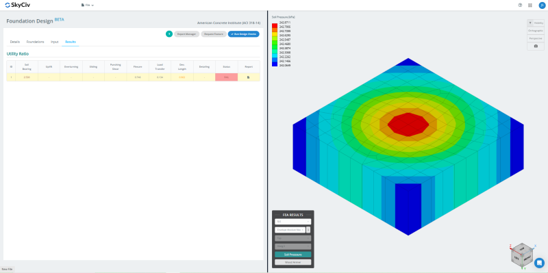 Concrete-Foundation-Design-Software-800×399.png Interface screenshot of SkyCiv with a left results table and a right isometric 3D plot showing a color gradient from red center to blue edges, representing stress/pressure distribution.