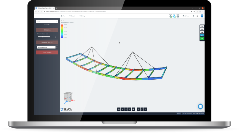 Laptop-13-1-800×441.PNG 3D model of a curved ribbed bridge frame in a structural analysis software on a laptop screen, with left control panel visible.