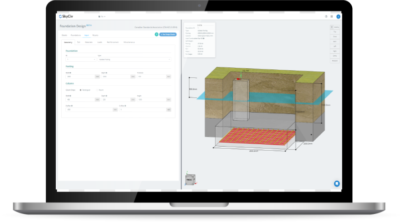 Laptop-34-800×442.png Screenshot of structural design software UI showing a 3D foundation model with soil layers and a form panel on the left.