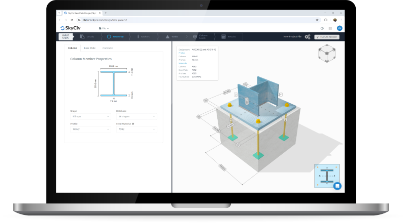 Laptop-37-800×441.PNG Screenshot of structural design software: left panel shows Column Member Properties with a diagram and form fields; right side displays a 3D building model with labeled nodes and a perspective thumbnail cube in the corner.