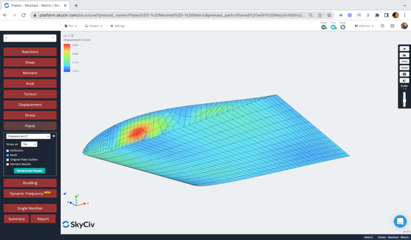 Plates-Cables-and-Buckling-2-min-1-800×467.png Screenshot of SkyCiv structural analysis dashboard showing a plate mesh with displacement results (red hotspot) and a color legend on the left.