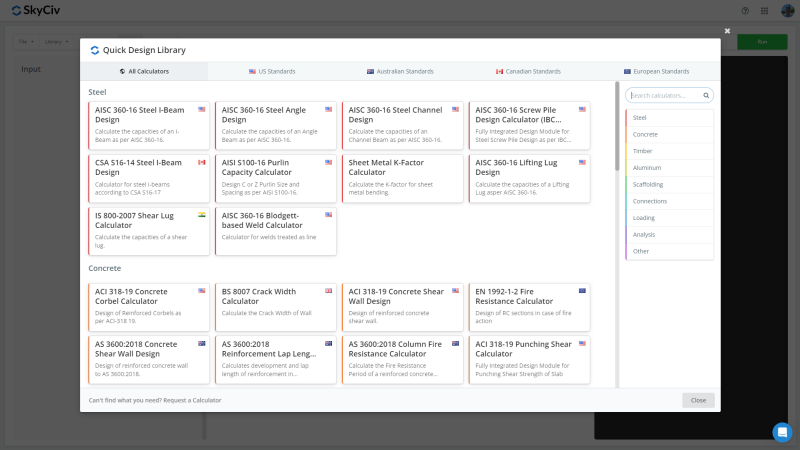 QD_Lib-800×450.png Screenshot of the Quick Design Library modal open in a design app, showing steel and concrete calculator tiles in a grid, tabs for All Calculators and standards, and a right-side filter/search panel; Close button at bottom.