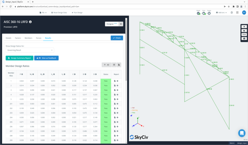 剩下lts-ASIC-360-16-LRFD-800×46PNGng正确的地位 Left: member design ratios table with columns and 'Pass' status; Right: green truss diagram in SkyCiv structural viewer