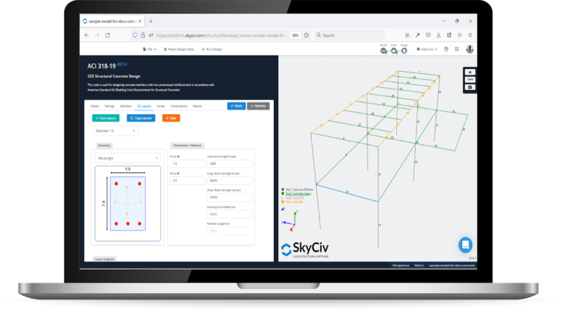 SkyCiv-RC-Design-Building-Integrated-with-S3D-min-800×441.png Laptop screen displaying SkyCiv structural design software: left panel with blue UI and buttons, right panel a 3D frame model in green, orange, and blue lines.