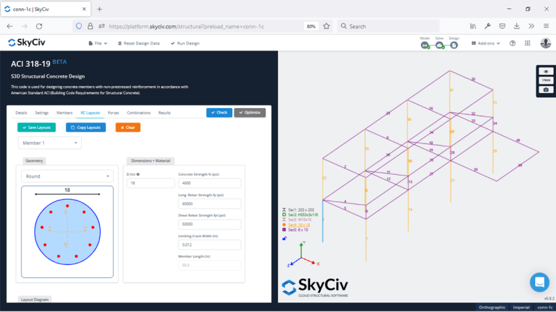 SkyCiv-RC-Design-Building-with-circular-reinforced-concrete-column-800×450.png SkyCiv structural design interface: left panel shows a member details form and a circular geometry diagram; right panel displays a 3D purple wireframe frame with orange support members.