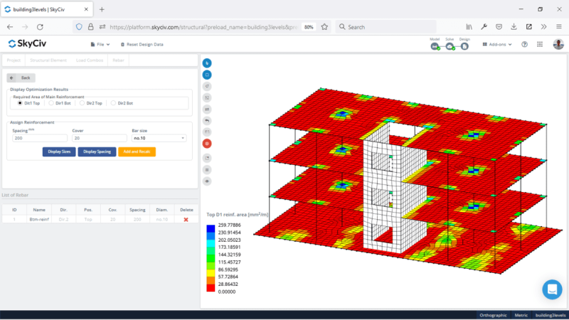 SkyCiv-RC-Design-Concrete-Slab-800×450.png 3D isometric view of a multi-story reinforced concrete model with red floor slabs and colored reinforcement map, showing structural analysis results in SkyCiv.