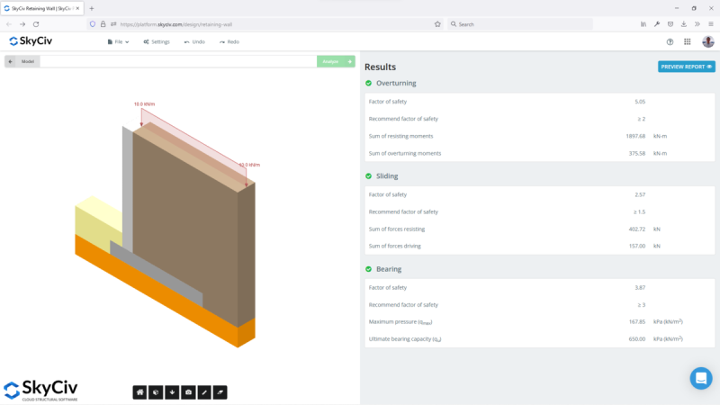 SkyCiv-Retaining-Wall-Results-800×450.png Isometric 3D wall assembly with layered components and a right-side results panel listing overturning, sliding, and bearing factors.