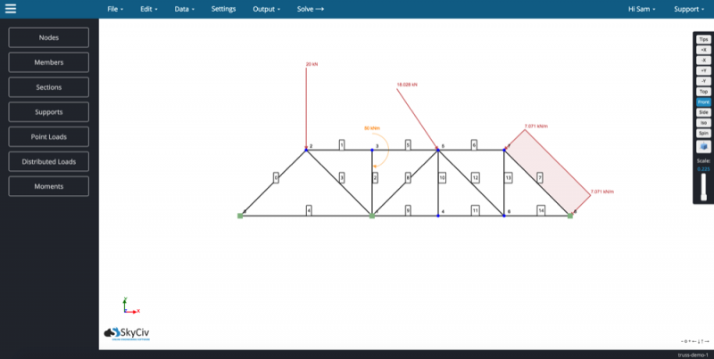 SkyCiv-Truss-1-Unlimited-1-800×403.png Truss structure diagram with numbered joints and applied loads; left sidebar menu visible in SkyCiv interface.