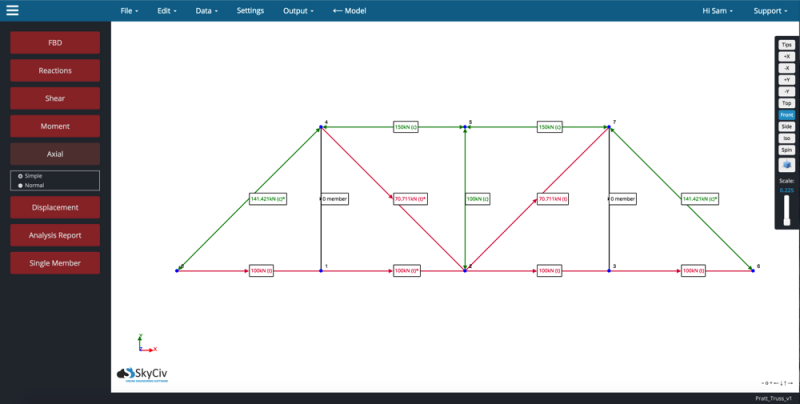 SkyCiv-Truss-3-Axial-Force-1-800×404.png Diagram of a multi-span truss with green verticals and bottom/top chords, red diagonal braces, labeled joints and member forces in kN (structure analysis UI).
