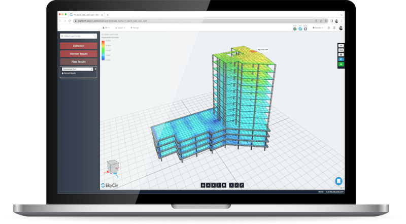 Structural-3D-Software-Mockup-min-800×441.png Laptop screen showing a 3D, color-coded building model in structural analysis software, with a grid floor and a left-side tool panel.