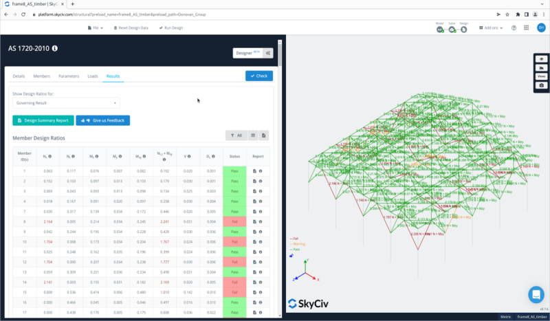 Timber-Results-AS1720-800×467.PNG Split-screen: left shows AS 1720-2010 design summary table with member design ratios and Pass/Fail; right shows a green/red 3D truss model.