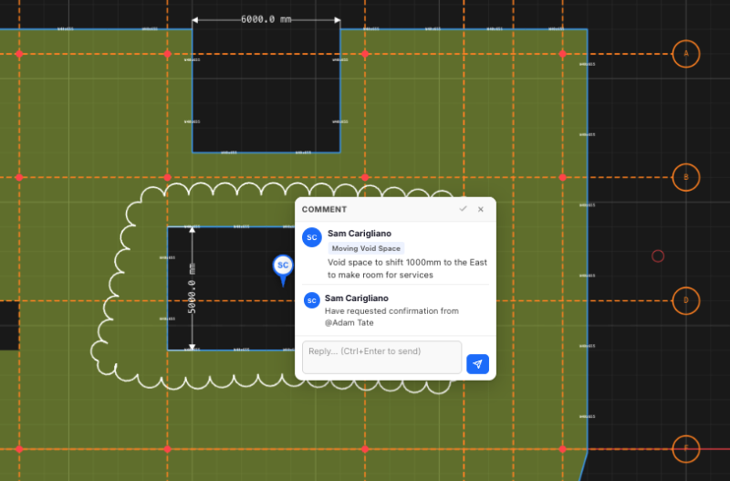 cad-commenting-feature-800×527.png CAD design screen showing a green floor plan with orange grid, a scalloped border around a dark inset rectangle, and a comment popup about moving void space.
