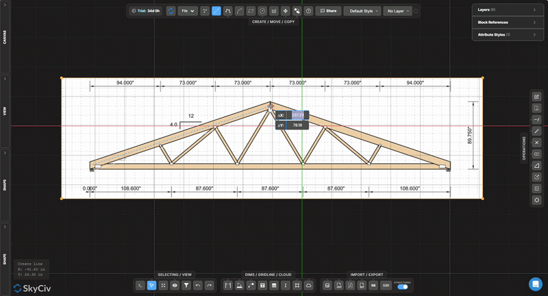 cad-tracing Dimensioned CAD drawing of a wooden roof truss with multiple bays, shown inside engineering software on a grid backdrop.
