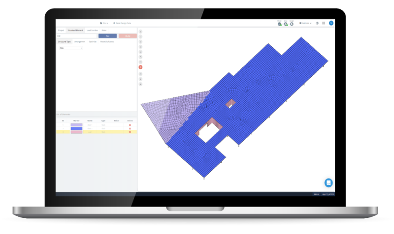 concrete-slab-design-software-800×476.png Laptop screen displaying CAD-style design software: a large blue 3D mesh model of a building on the right and a left-side control panel with tabs and data