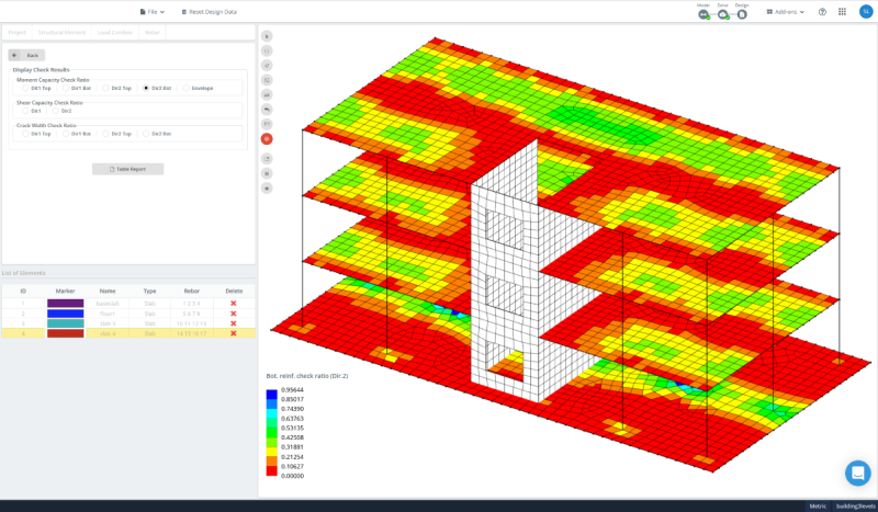 concrete-slab-design-software-fea-1200×700-min-800×467.png Isometric 3D building model with multiple colored floors (red to green) indicating a metric distribution; white central core and stairwell, UI panels and legend visible on the left.