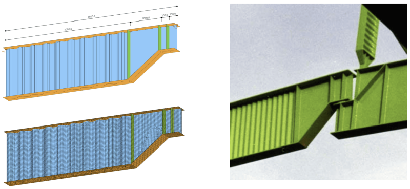 corrugatedwebs-2-800×369.png Two 3D engineering diagrams of a long blue-walled containment structure with an orange base and green supports, shown in side and isometric views. On the right, a photo of a green steel beam/bridge girder.