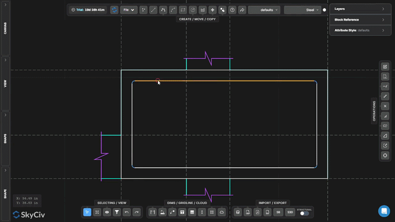 easy-modelling-cad Screenshot of SkyCiv CAD UI with a rectangular outline and an inner rounded rectangle on a grid, showing measurement guides and toolbars nearby
