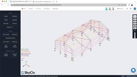 giphy-s3d-fea 3D color-coded truss frame in SkyCiv software, with supports at the base and a legend on the left (screenshot).