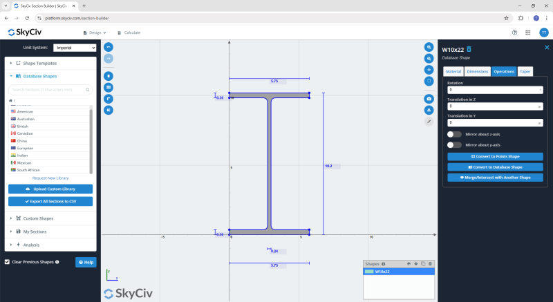 image-1-800×437.png SkyCiv section builder UI showing a blue I-beam profile with labeled dimensions; left navigation panel and right properties panel (W10x22) visible.