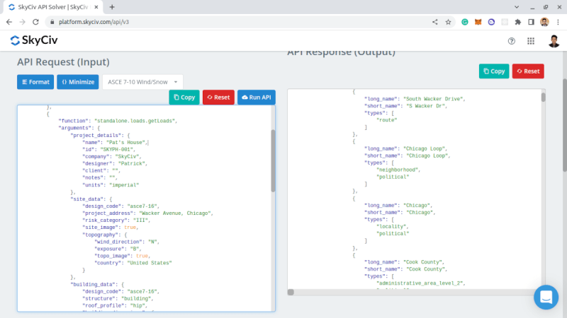 SkyCiv API Explorer: request panel on the left and response panel on the right with JSON payloads.