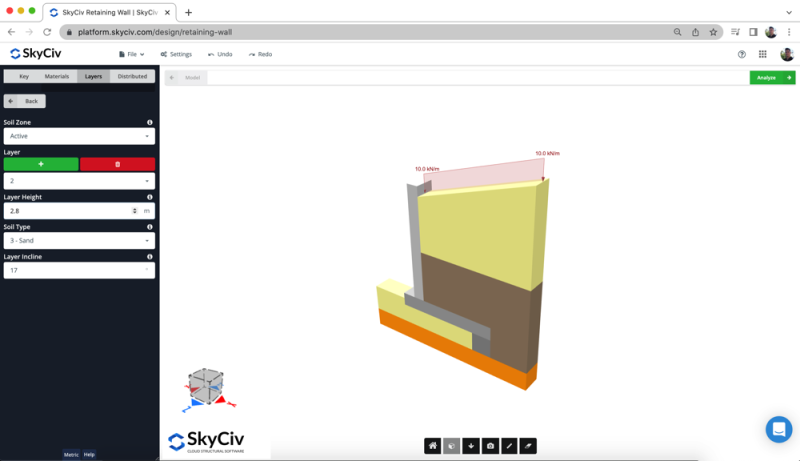 multi-soil-layer-stability-retaining-wall-design-software-skyciv-online-800×461.png Screenshot of SkyCiv retaining-wall module with a 3D wall model showing soil layers and load labels (kN/m) on the top edge