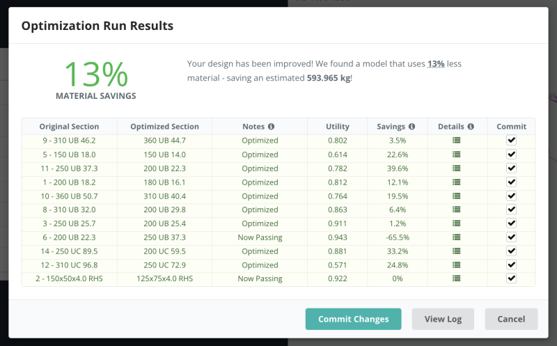 new-optimizer-popup-skyciv-800×497.PNG Optimization Run Results dialog showing 13% material savings and a table of sections with optimization status and commit options.