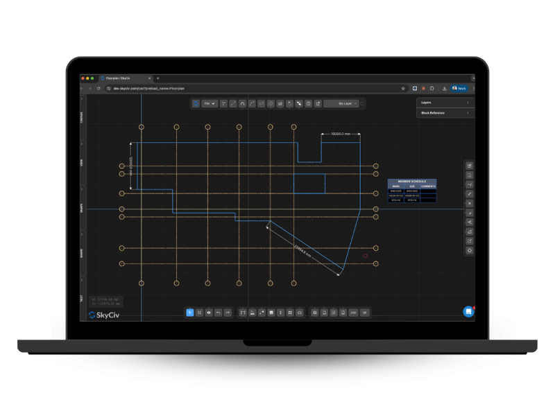 online-cad-software-browser-1-800×593.png Laptop screen shows a blue structural beam diagram with gridlines and orange nodes in a CAD-like interface.