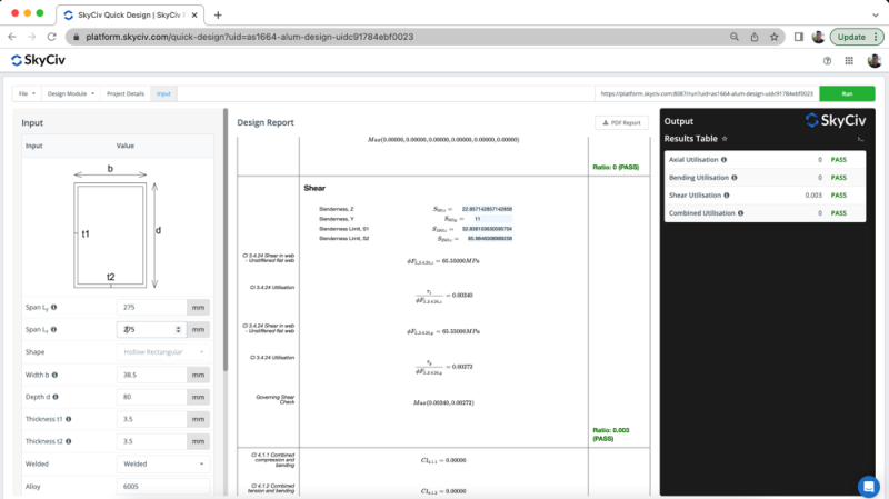 quick-design-full-calculation-report-design-software-full-scrn-800×449.png SkyCiv design tool interface: left input panel with a hollow rectangle and dimensions, center design report, and a black right-side output panel labeled 'Output'