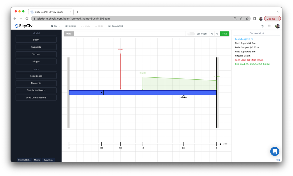 Screenshot of SkyCiv beam tool with a long blue beam on a grid, red vertical load arrow, and left navigation menu.